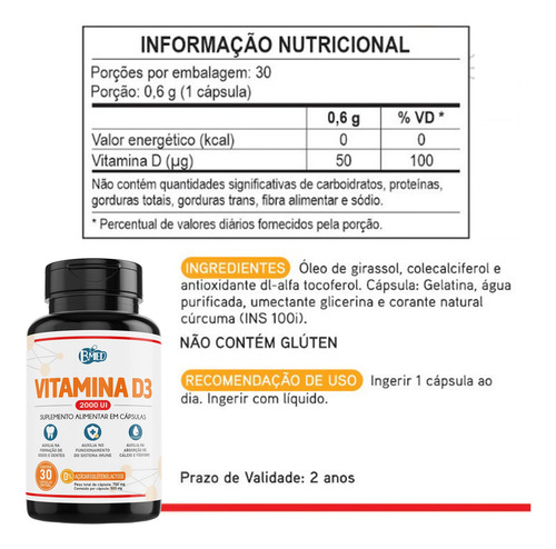 Vitamina D3 2000 Ui 100% Colecalciferol Pura 30caps Softgels