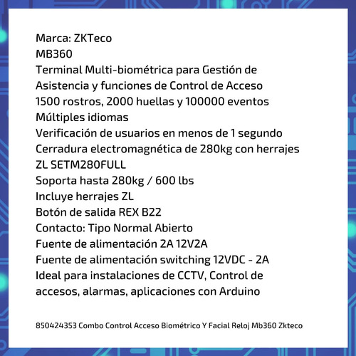 Imagen 5 de 9 de Combo Control Acceso Biométrico Y Facial Reloj Mb360 Zkteco