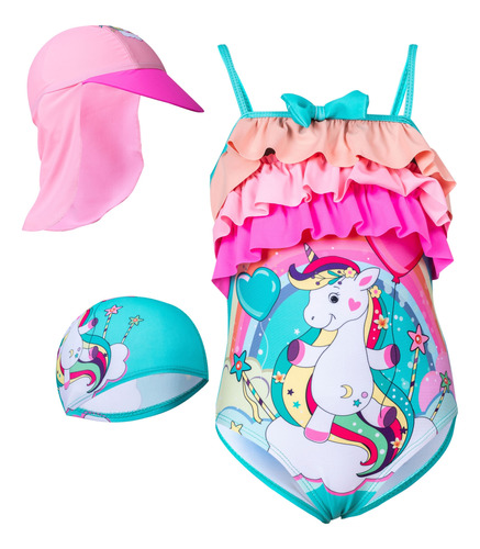 Traje De Baño Unicornio Bebe + Gorro Natacion + Gorro Sol 