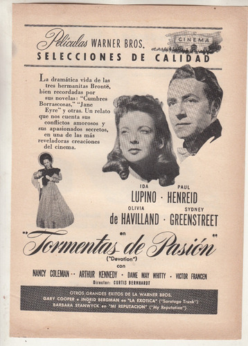 1946 Cine Hoja Publicidad Con Olivia De Havilland Devotion