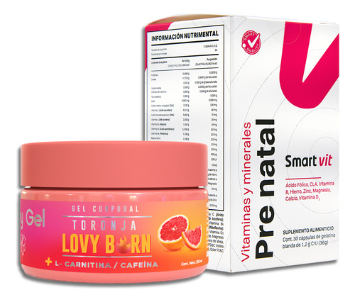 Lovy Care Smart Vit Dúo Prenatal Suplemento con Ácido Fólico 30 Cápsulas + Gel Reafirmante de Toronja 250 ml Multivitamínico para Maternidad y Cuidado de la Piel
