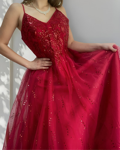 Vestido Largo Con Capas De Tul Princesa Rojo Moda Pasión