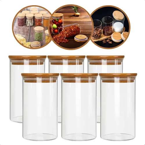 Kit Com 6 Potes De Vidro C Tampa De Bambu Hermetico 300ml