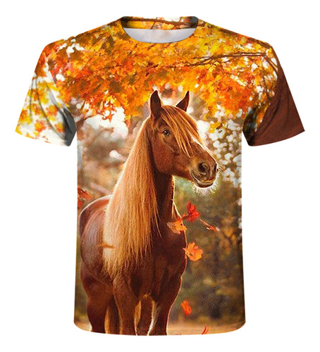 Polera De Hombre Con Estampado Retro De Caballo, Cuello Redo