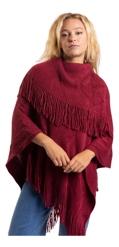 Poncho Para Dama Con Flecos Cherry Color Marrón Y Rojo