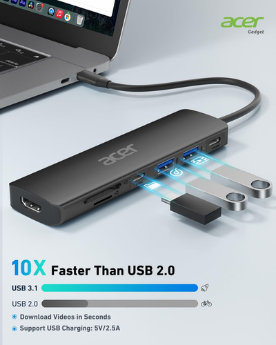 Hub Usb C Acer, Base Usb C A Hdmi 7 En 1, 2 Puertos De Datos