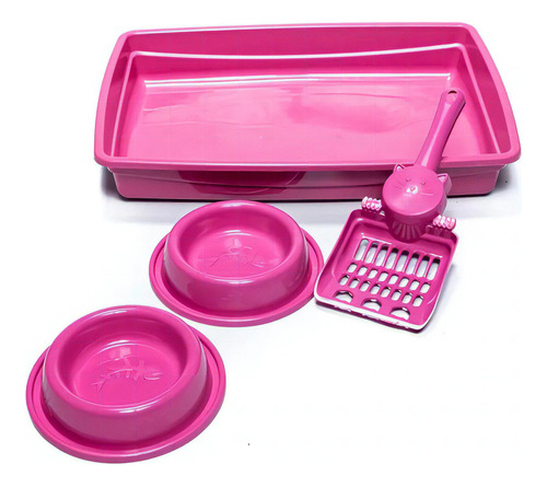 Kit Caixa Bandeja Para Areia + Pote Ração E Água + Pá Gatos Cor Rosa