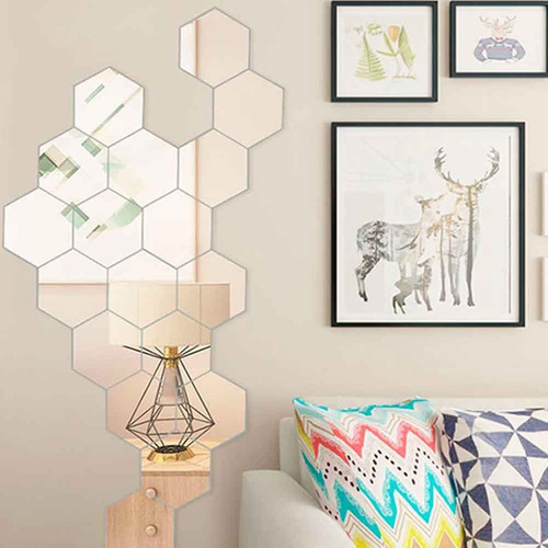 Espelho Em Acrílico De Decorativo Parede Hexagonal 50 Moldura Gold