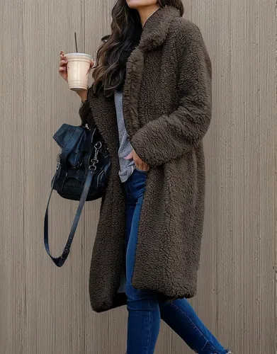 Abrigo Pare Mujer Sherpa Solapa De Larga Top Felpa Invierno