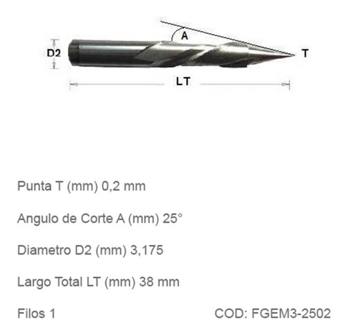 Fresas Cnc Grabado Espiralada Metales Punta 0,2mm Angulo 25°