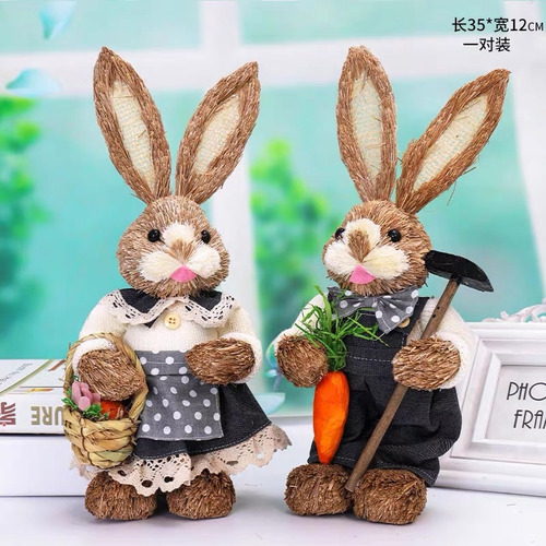 Para 4pcs Conejo De Pascua De Paja Adorno Estatuas Animal .