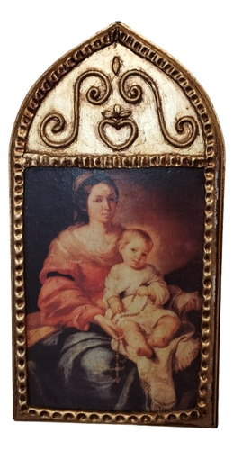 Icono Religioso Virgen Maria Con Niño Jesús Marco Hojillado 