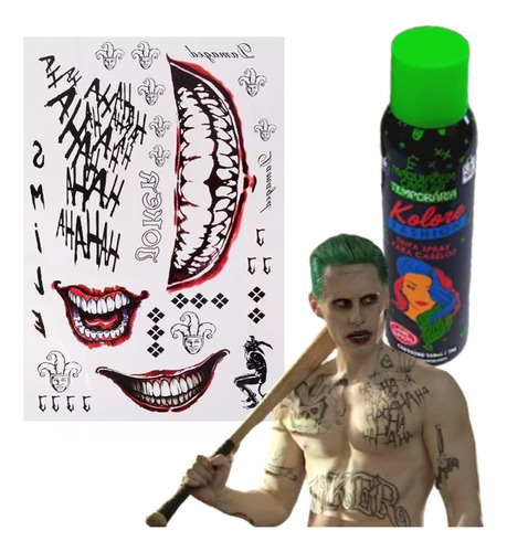 Kit  Fantasia Coringa Spray Verde + Tatoo Temporária