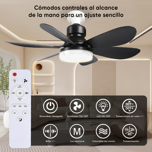 Foco Con Ventilador 40w Lampara Ventilador 52cm Lámpara De Techo Led Con Pantalla De Cristal Y Mando A Distancia, Incluye Base De Ventilador Y Cable Alargador