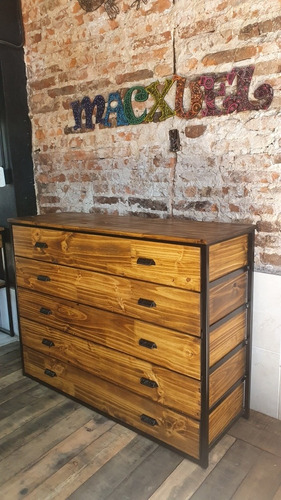 Imagen 2 de 9 de Mueble Cómoda Industrial 5 Cajones Madera Alistonado Hierro