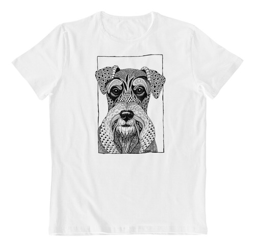 Dtf - Polera Blanca Algodon - Schnauzer Cachorro Dog Art B/n