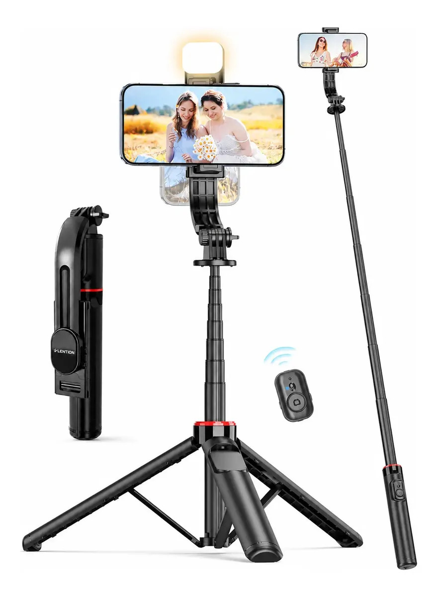 Tripé Celular Selfie Com Luz LED Lention L12 Bastão Pau De Selfie, 106cm,suporte Extensível C/ Controle Remoto Bluetooth Sem Fio Erotação 360° Para iPhone Android ,Gravação Vídeo,Tiktoker
