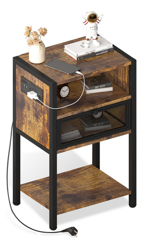 Lazydot Mesilla De Noche Con Tomas, Buros Para Recamara Con Dos Cajones, Mueble De Salón Con Dos Enchufes Y Dos Usb, Mesita De Noche Vintage, Mesa Auxiliar