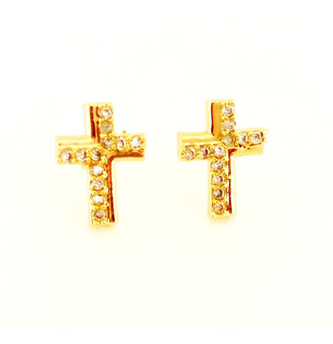 Aretes Cruz Oro 18k Lam.con Brillantes 