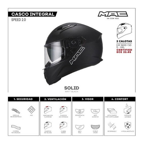 Imagen 3 de 7 de Casco Moto Mac Speed 2.0 Negro Mate Doble Visor Devotobikes