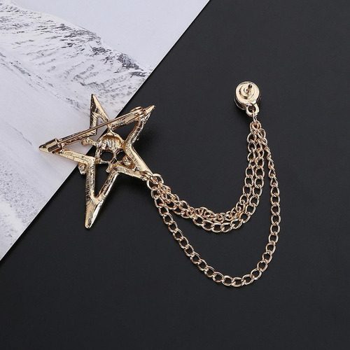 Broche Masculino Com Estrela E Caveira Distintivo Dourado