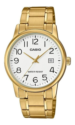 Reloj pulsera Casio MTP-V002 con correa de acero inoxidable color dorado - fondo blanco