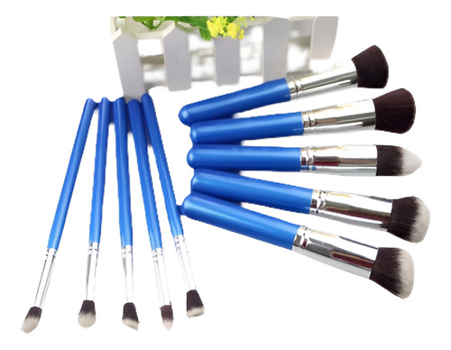 10 Pzs Brocha De Maquillaje Profesional Con Agarre Azul Y Pl