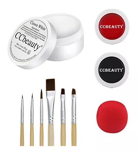 CCbeauty Clown Makeup Kit Professional White Black Red Face Paint  Foundation Cream, 6 Brushes,Red Nose