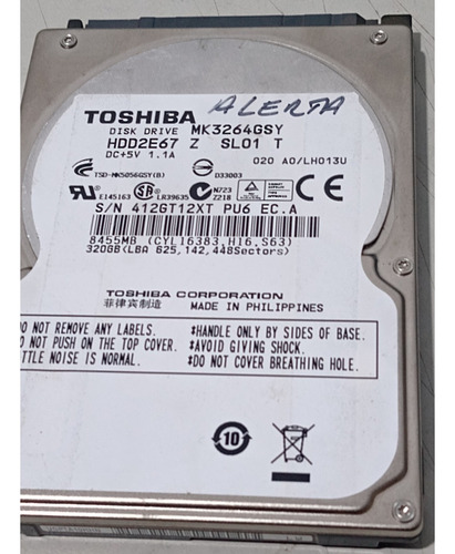 Placa Lógica Hd P/ Notebook Mk3264gsy Toshiba 320gb