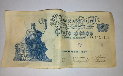 Billete Antiguo De 5 Pesos Moneda Nacional (Usado)
