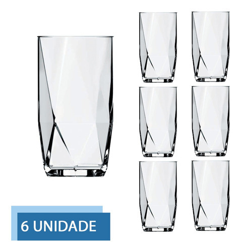 Jogo 6 Copos De Vidro Transparente 360ml Topazio Long Drink