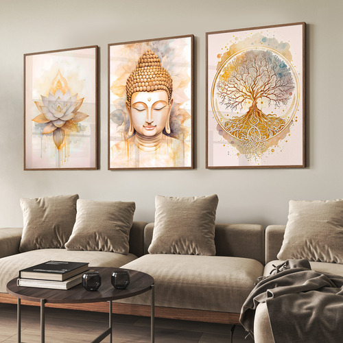 Quadro Decorativo Sala Quarto Kit Buda Lótus Amor Moldura