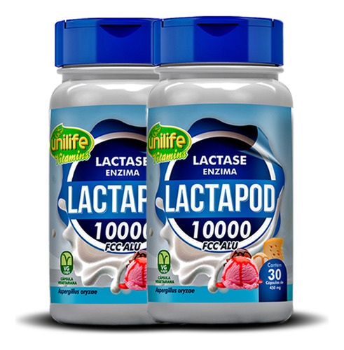 2x Enzima Lactase Lactapod 10.000 Fcc Unilife 30 Cápsulas Sabor Sem Sabor
