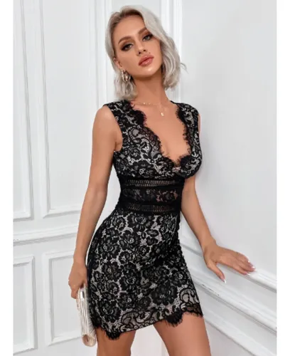 Vestido Negro Corto Encaje Bordado Elegante Fiesta Juvenil