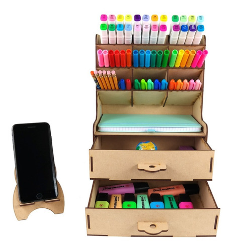 Organizador De Escritorio Mdf Con Dos Cajones Y Base Celular