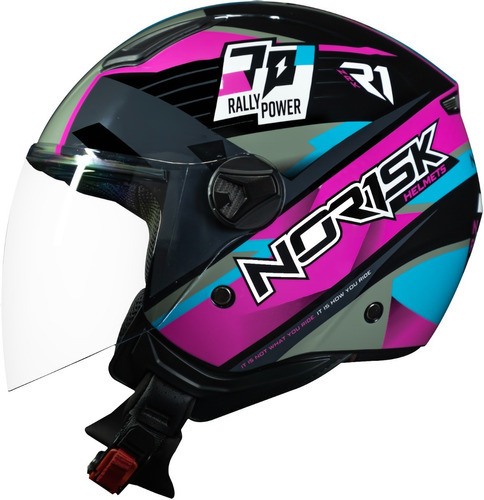 Capacete Aberto Norisk Orion R1 Rosa/azul Pink Lj Desenho Jaguar Tamanho do capacete 56/S