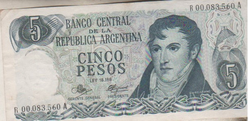 Billete De Argentina - Reposicion 5 Peso Ley 18188 Año 1971 