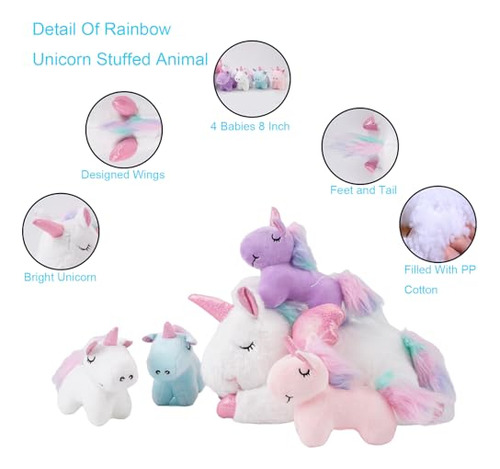 Juego De Peluches Unicornio 16 Pulgadas Con 4 Bebés Arco Iri