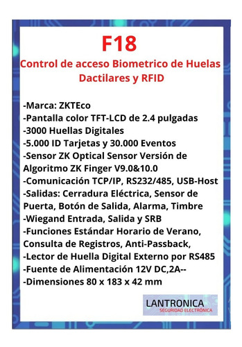 Imagen 2 de 9 de Control Acceso Biométrico Huellas Autónomo F18 Zkteco Rfid