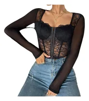 Comprar Crop Top Para Mujer Con Manga Larga Y Encaje Estilo Corset 