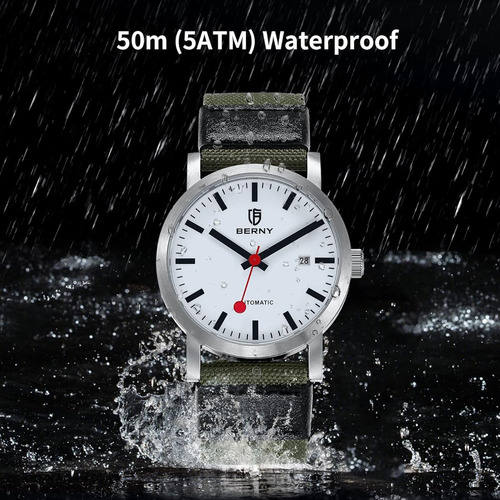 Berny Reloj Automatico Clasico Para Hombre De Pulsera Verde Plateado Blanco