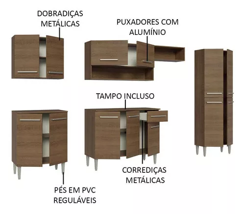 Armário de Cozinha Completa Madesa Emilly 293001 com Balcão e Paneleiro -  Rustic