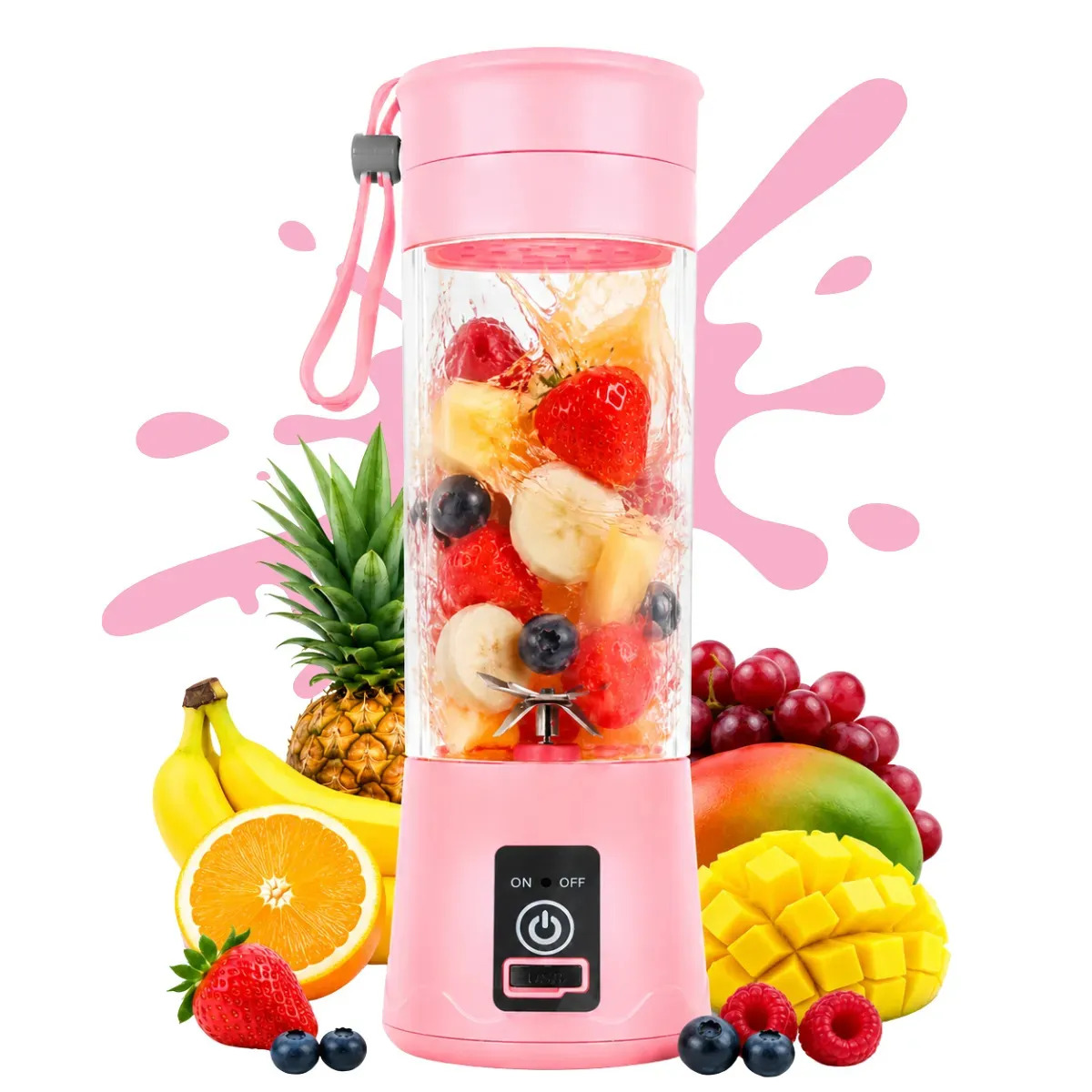 Mini Liquidificador 6 Lâminas Portátil Recarregável Usb 380ml Shake Copo Elétrico Suco Fruta Vitamina Liquidificador Cor Rosa