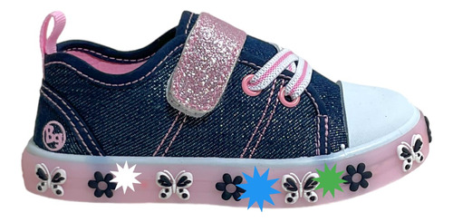 Tenis Casual  Para Niña Con  Flores Mezclilla Con Luz Bubble