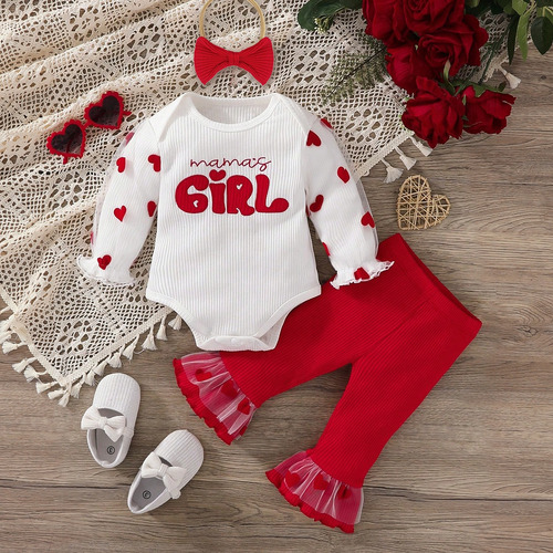 Conjunto Con Pantalones Acampanados Y Estampado De Corazones Rojo 3-6 M