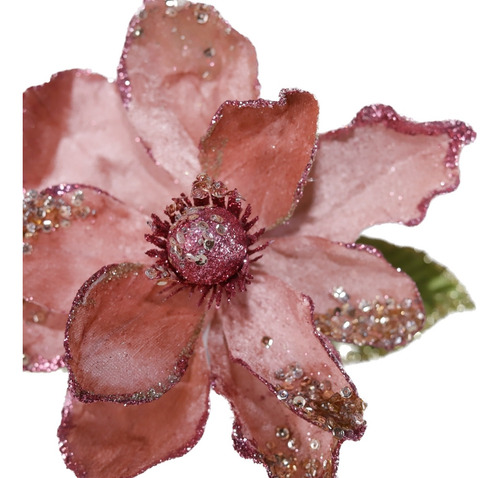 4 Flores Magnolia Tecido Natalina Brilho Luxuosa Rosa 20cm