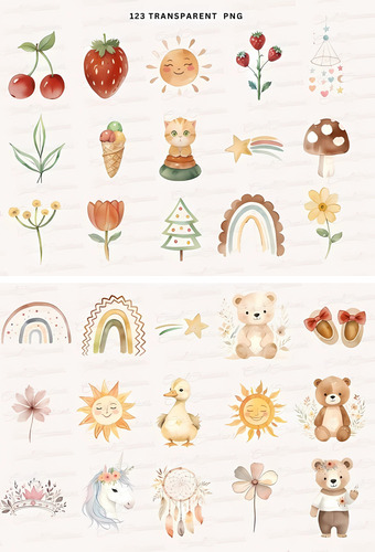 Kit Imagenes Png Clipart- Animales Boho Bebe Acuarela Diseño