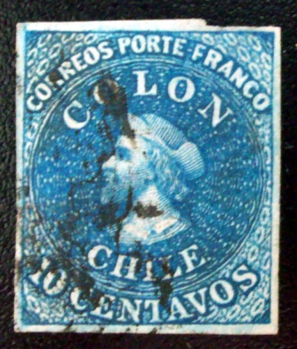 Chile, Sello Sc. 5 Colón 10c. 1era Santiago 1854 Usado L6560