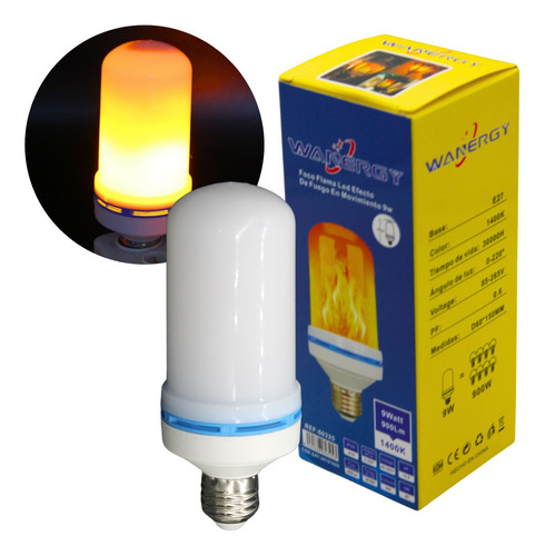 Foco Flama Led 9w Efecto Tipo Fuego En Movimiento Decorativo Color De La Luz Amarillo