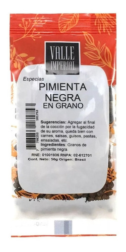 Pimienta Negra En Grano 50 Gr Marca Valle Imperial